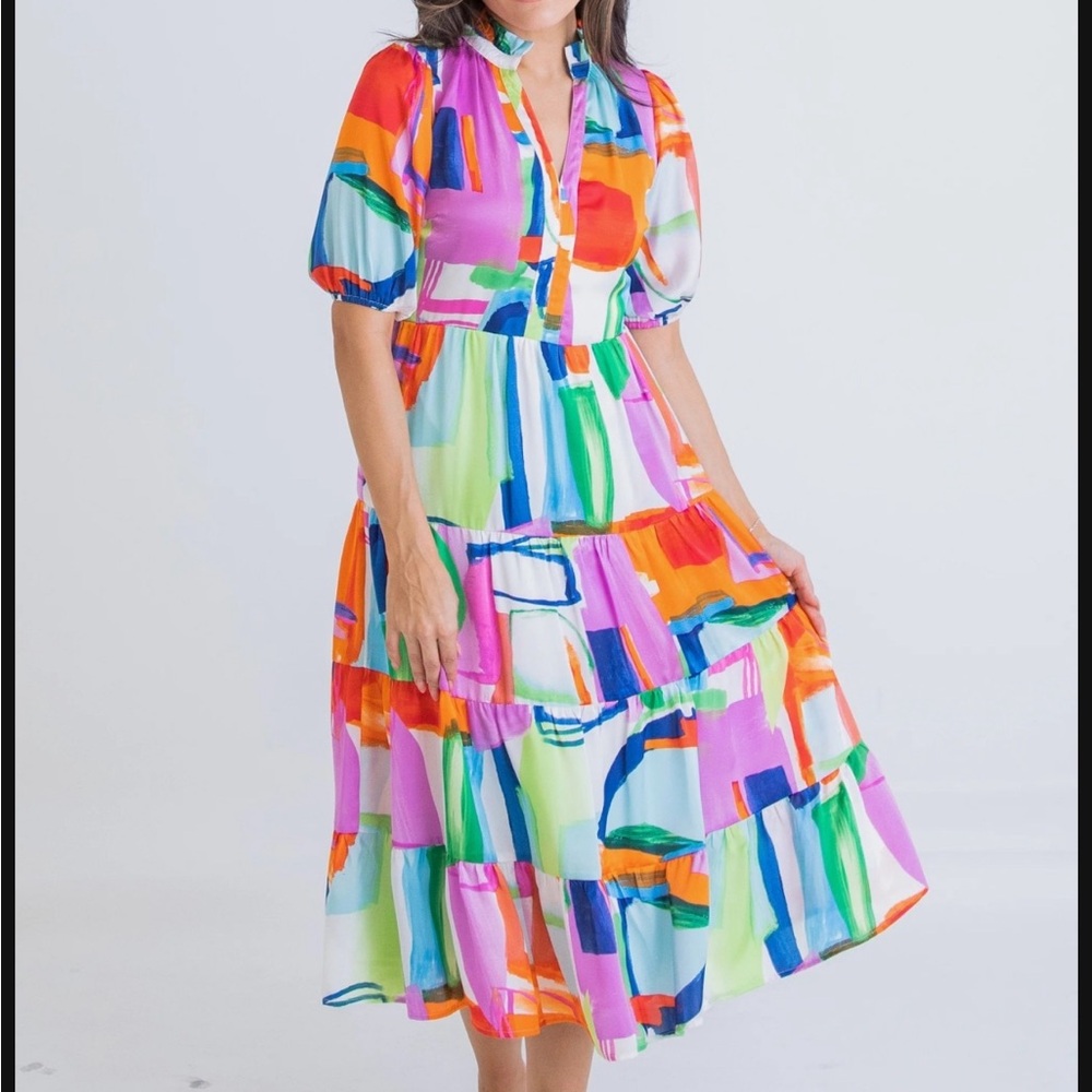 Karlie Colorful Abstract Satin V-neck dress. Size medium. Worn once. - Picture 2 of 5